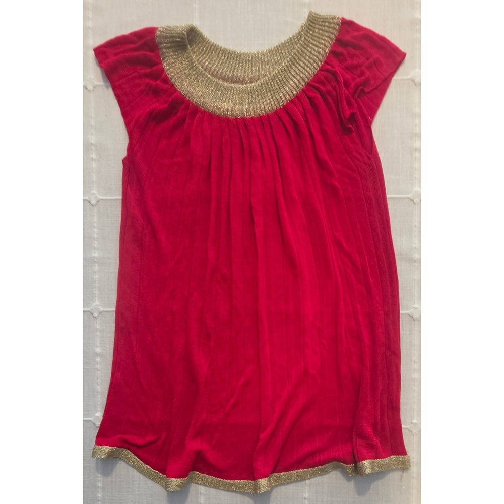 Red Knit Pleated Cap Sleeve Top with Metallic Gold Trim Accent